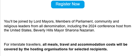 Jill Segal's re-education program starting with local Government. 200 invited to an all expense paid conference on the Gold Coast. Here's my personal invitation. #GenocideInPalestine