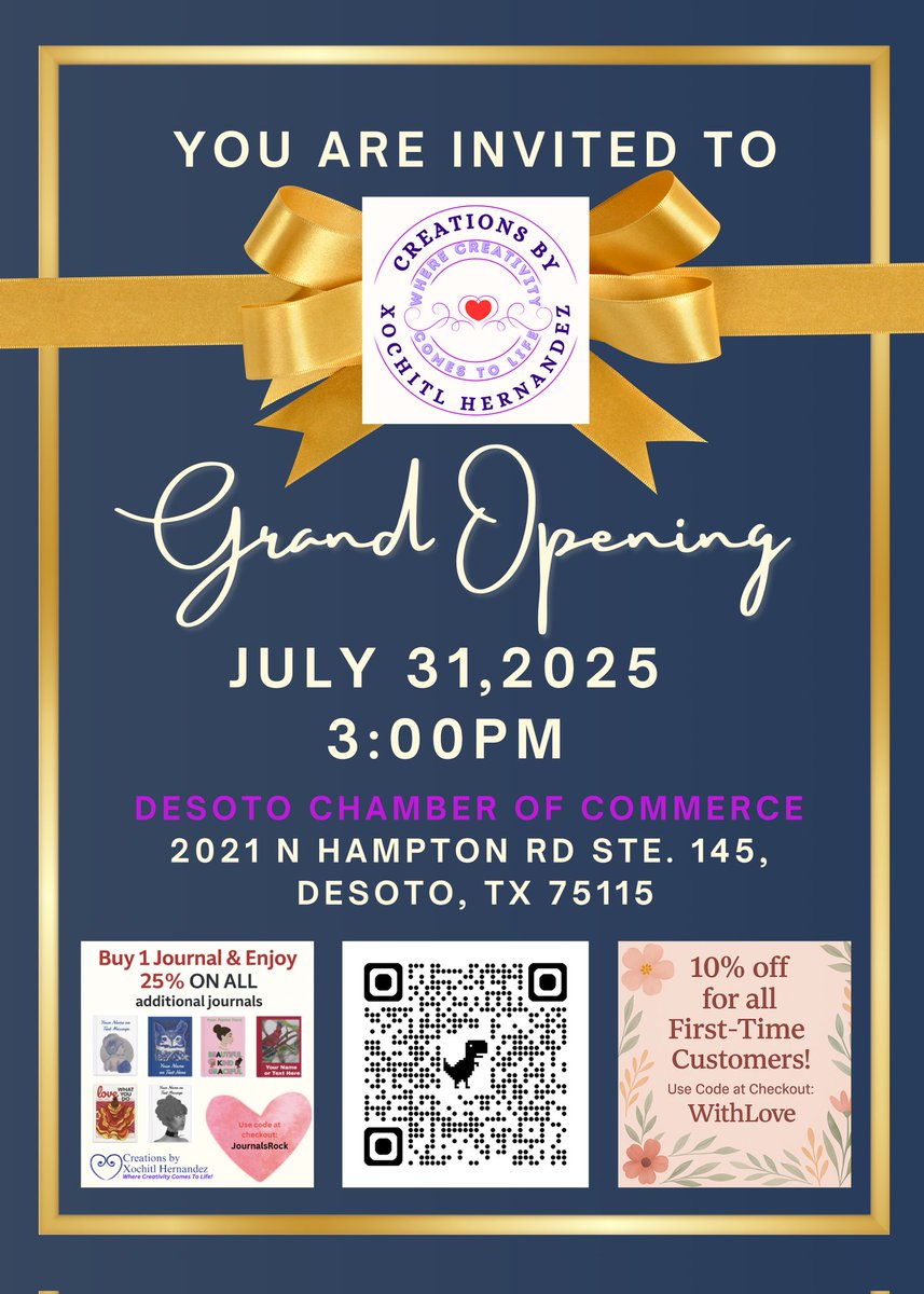 🎉Come celebrate the official launch of Creations by Xochitl Hernandez!

📍 When: July 31 at 3 PM
📍 Where: DeSoto Chamber of Commerce

Can’t make it in person? Shop online anytime at:
Creationsbyxochitlhernandez.com

Come support, shop, and be inspired!