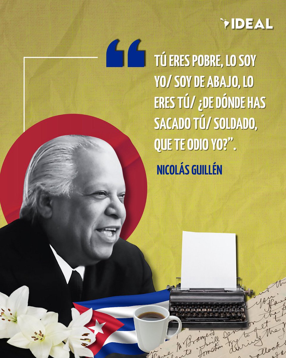 InstitutoIDEAL_'s tweet image. 🇨🇺#NicolásGuillén, voz de la poesía cubana.
Militante comunista, antiimperialista y luchador por la justicia social, hizo de la palabra un tambor de denuncia contra el racismo, la explotación y la colonización.