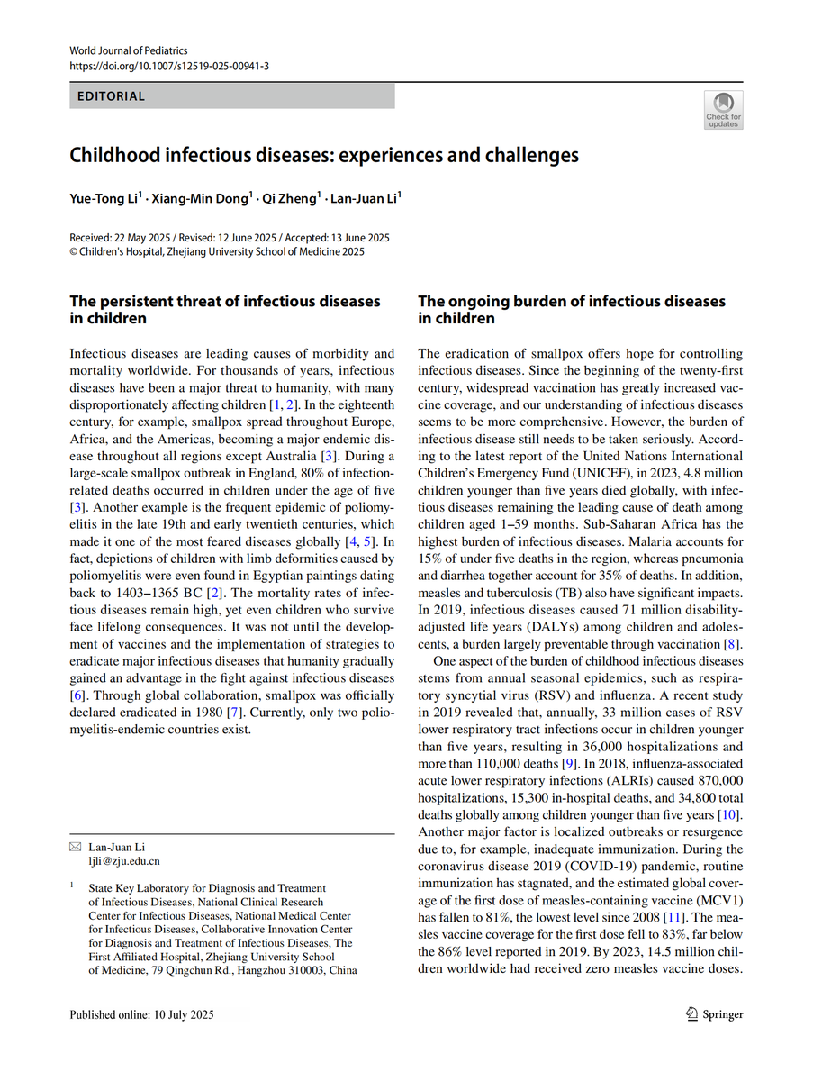 World_J_Pediatr's tweet image. Children remain highly vulnerable to infectious diseases, and strengthened vaccination efforts are essential to reduce global burden and prevent resurgence.
#Meded #SoMe4PedSurg #Pediatrics #PublicHealth #Vaccination #InfectiousDiseases #Immunization
link.springer.com/article/10.100…