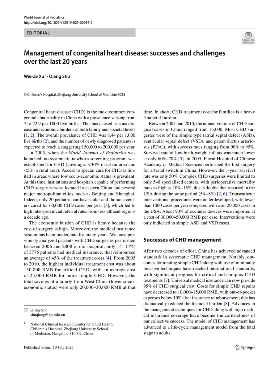 World_J_Pediatr's tweet image. China has made major progress in congenital heart disease care, but regional inequality and adult congenital heart disease care need attention.
#Meded #SoMe4PedSurg #Pediatrics #PublicHealth #CongenitalHeartDisease #CardiovascularHealth #HealthEquity
link.springer.com/article/10.100…