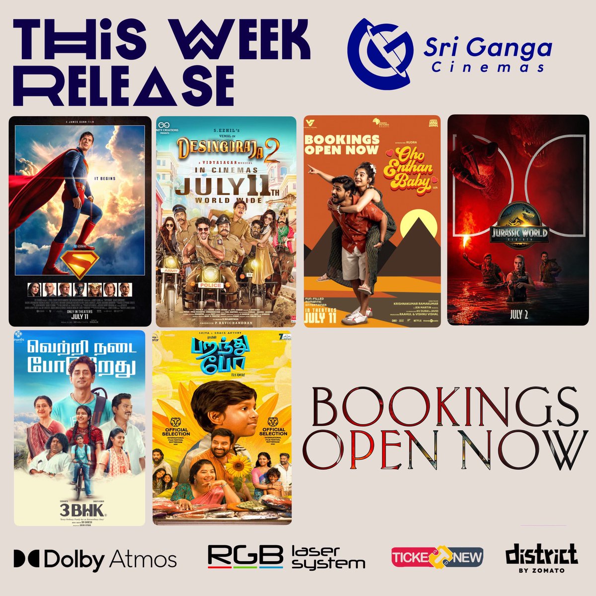 #superman 
#Desinguraja2 
#OhoEndhanBaby 
#JurassicWorldRebirth 
#3Bhk
#ParandhuPo 
This week movies <a href="/Srigangacinemas/">Sri Ganga Cinemas Barco RGB LASER DOLBY ATMOS</a> Bookings open now