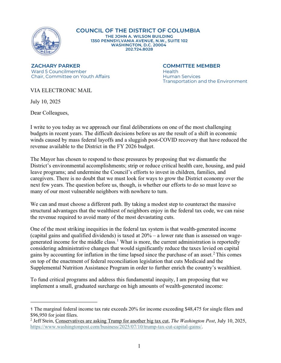 CMZParker5's tweet image. Today, I shared a letter with my colleagues proposing a modest capital gains surcharge in the FY26 budget.
This targeted approach would help fund vital programs and make our tax system more equitable. We must invest in a fairer future for all District residents.