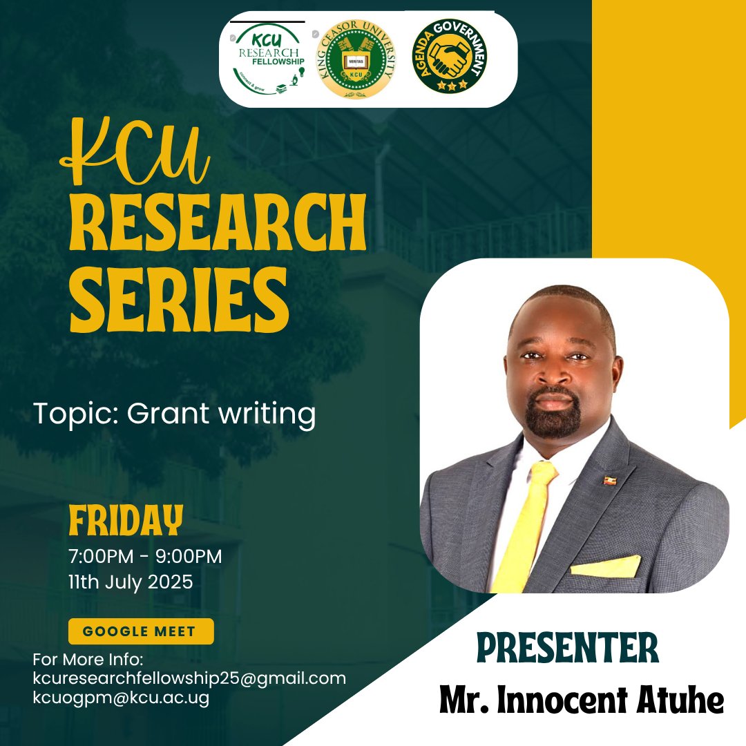 Researchkcu's tweet photo. 🎓 Back to our Research Series this Friday!
Join us as we dive into the essentials of Grant Writing with the brilliant Mr. Innocent Atuhe ✍️💡
Let’s unlock the funding secrets that turn ideas into impact!
#KCUResearchSeries #GrantWriting  
#ConnectAndGrow https://t.co/RPVL4boU7Q