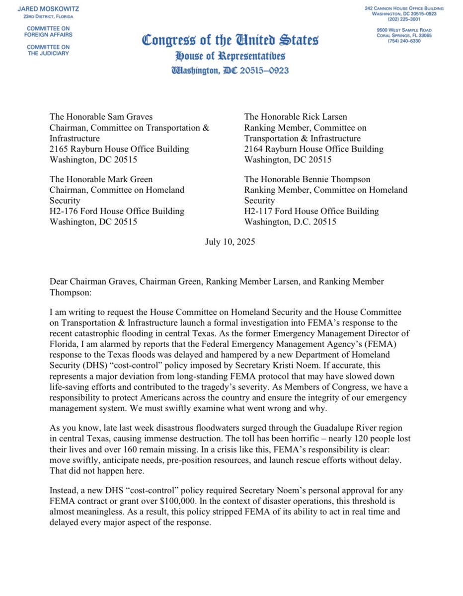 RepMoskowitz's tweet image. As a former emergency management director, I’ve been alarmed by how Sec. Noem has handled the tragic flooding in Texas.
I’m calling for an investigation into reports of FEMA’s delayed response. Congress has to get answers, strengthen emergency management, and protect the public.