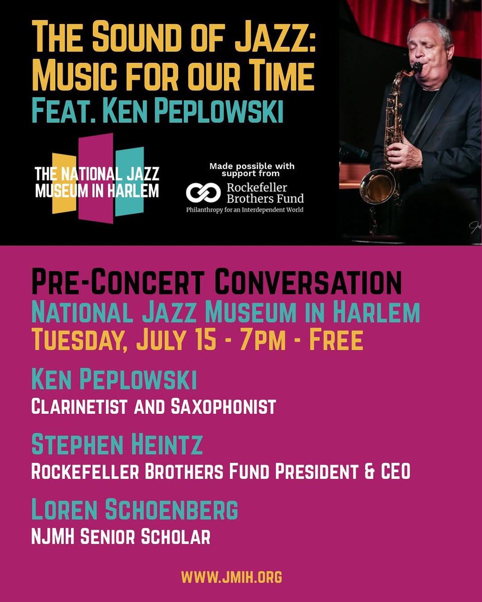 West Harlem Development Corporation (@westharlemdc) on Twitter photo #Repost <a href="/NatlJazzMuseum/">National Jazz Museum</a>
Two great events with Ken Peplowski coming soon. Come to the museum on Tuesday 6/15 for a conversation with Ken, Rockefeller Brothers Fund President and CEO Stephen Heintz and NJMH Senior Scholar Loren Schoenberg. #Repost <a href="/NatlJazzMuseum/">National Jazz Museum</a>
Two great events with Ken Peplowski coming soon. Come to the museum on Tuesday 6/15 for a conversation with Ken, Rockefeller Brothers Fund President and CEO Stephen Heintz and NJMH Senior Scholar Loren Schoenberg.
