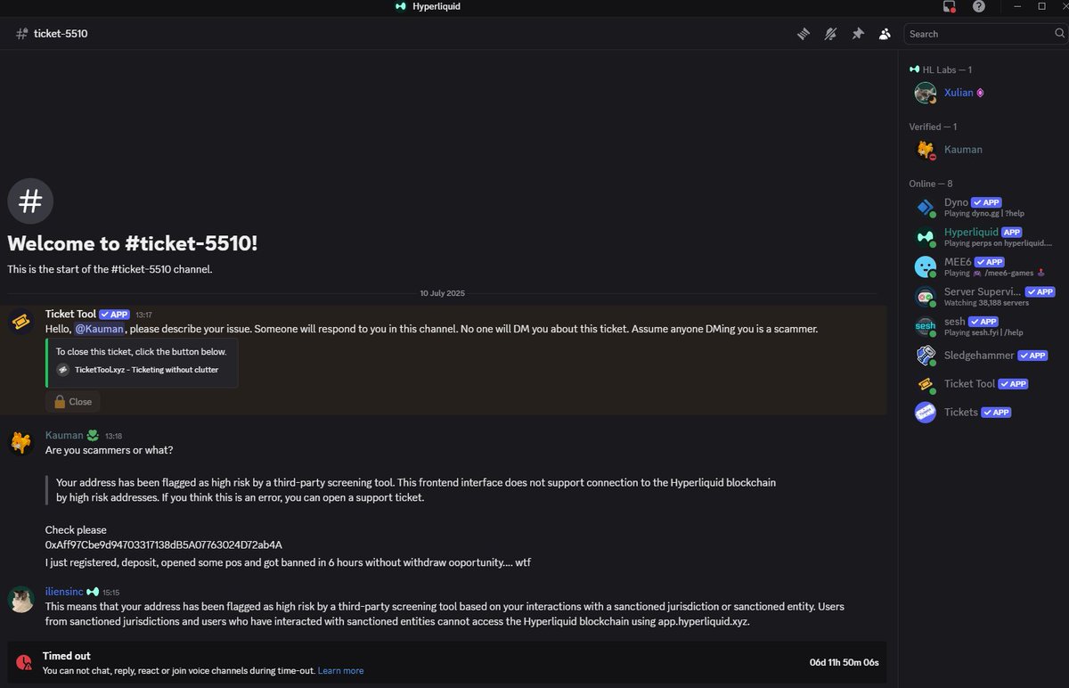 Update: After I opened a support ticket and asked “Are you scammers or what?”, <a href="/HyperliquidX/">Hyperliquid</a> support copy-pasted the same bullshit reply —

“Your wallet is flagged by a third-party tool.”

Then they gave me a 7-day mute in Discord. For asking where my funds are.