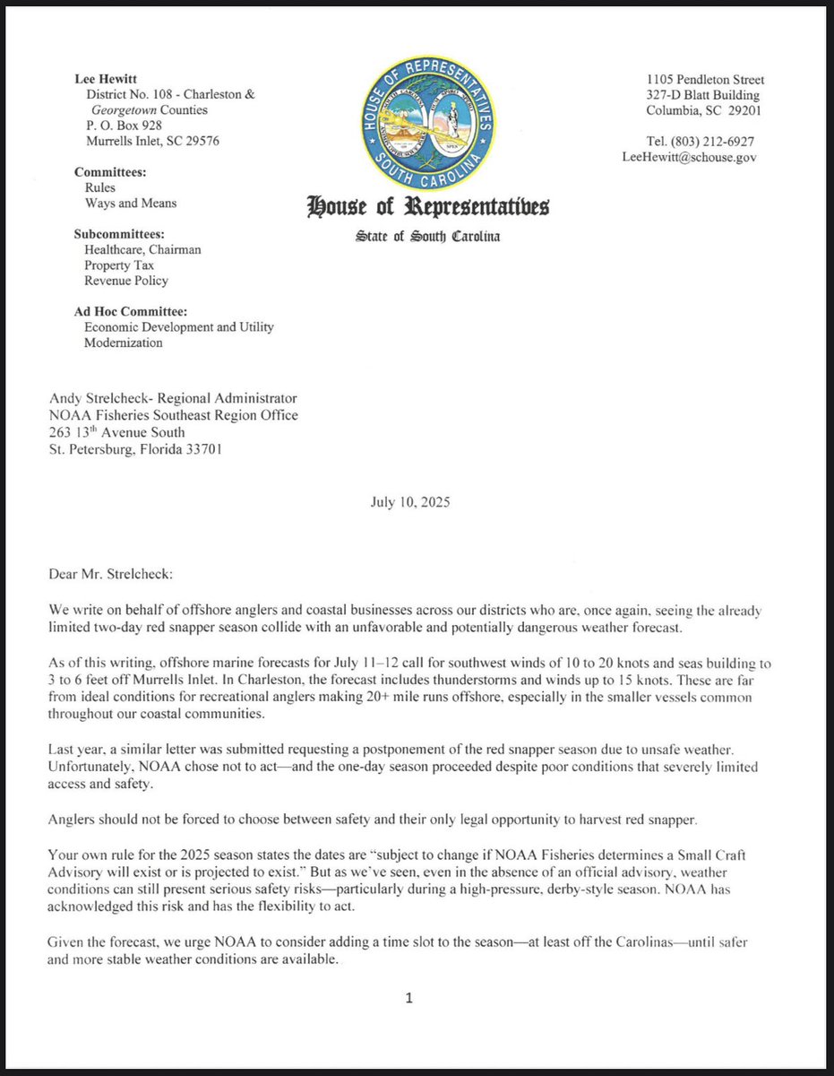 boatfishsc's tweet photo. ‼️ 17 SC lawmakers are urging @NOAAFisheries to extend red snapper season after unsafe weather threatens to wipe out the 2-day window.

“Anglers shouldn’t have to choose between safety and their only chance to fish.”

Thanks to @LeeHewittSC108 for leading the charge. #BoatFishSC https://t.co/g8x6Gw3CyB