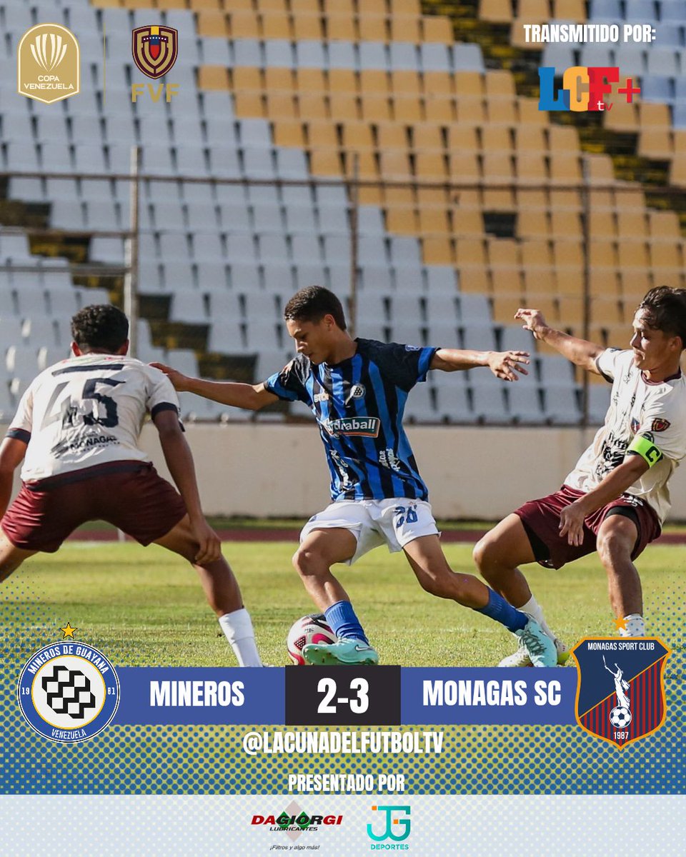 😲 - <a href="/Monagas_SC/">Monagas Sport Club</a> le remontó el 2-0 a <a href="/MinerosGuayana/">Mineros de Guayana</a> y lo dejó fuera de la #CopaVenezuela.

⚽ 1-0 (14') Diosmer Pacheco 
⚽ 2-0 (24') Jorge Páez 
⚽ 2-1 (56') Fernando Basante 
⚽ 2-2 (88') Ángel Mota 
⚽ 2-3 (90+6') Fernando Basante 

🔗 youtube.com/live/Z59ZhEGlt…