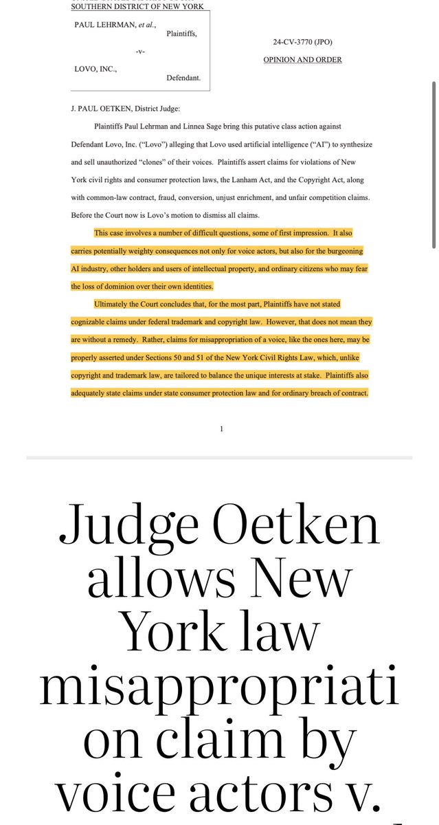 Judge Oetken allows misappropriation claim by voice actors v Lovo AI co. Also breach of K and one copyright claim based on copy of sound recordings of Sage. Opinion here: chatgptiseatingtheworld.com/2025/07/10/jud…
