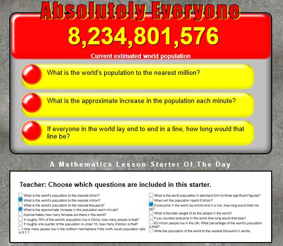 Today is World Population Day. In maths lessons around the world it is an ideal opportunity to think deeply about big numbers. See some of the questions you could ask in today's starter.

 buff.ly/oto1A7C

#mathsresources #mathschat #mathstoday #mathchat  #lessonstarter