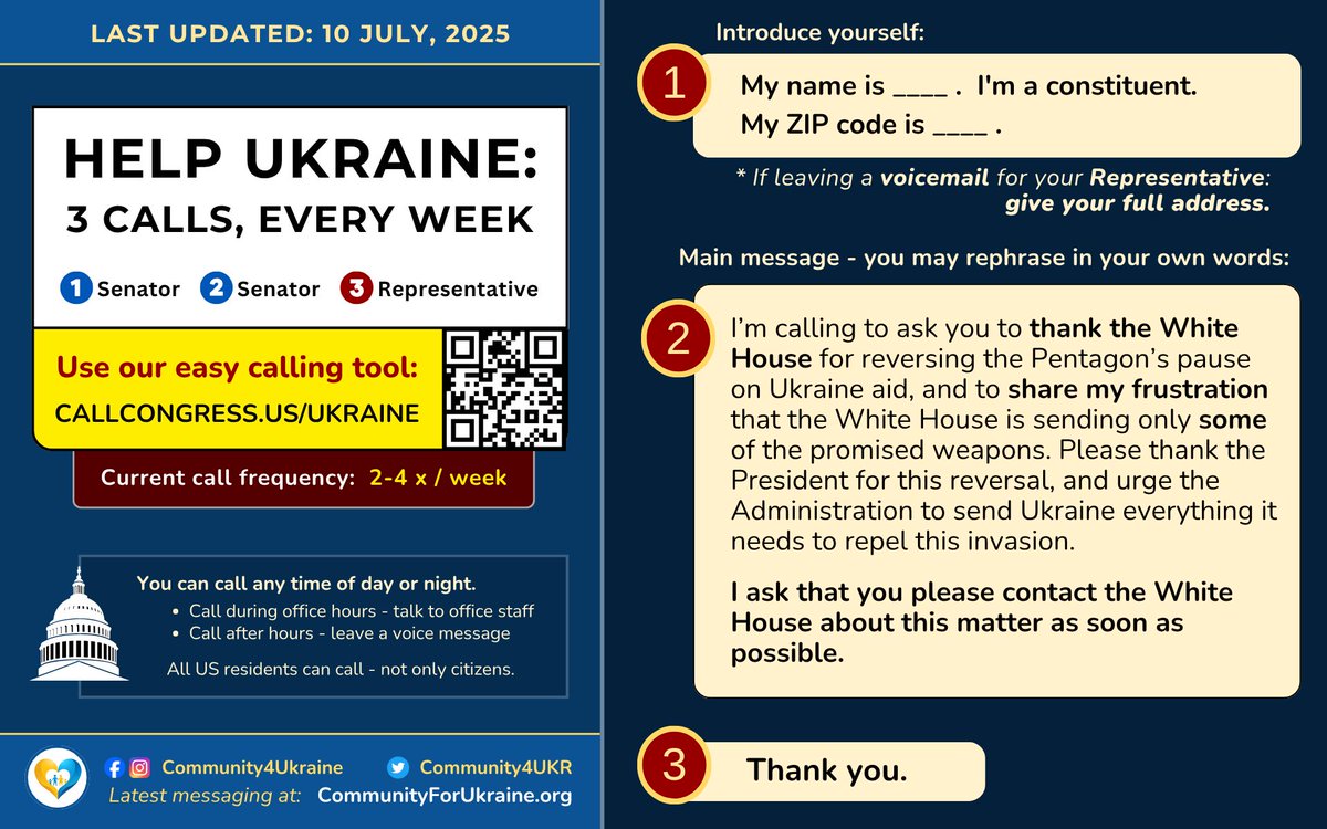 Community4UKR's tweet image. LATEST MESSAGING: 10 July, 2025
Have you made your 3 calls to Congress yet today? Here's how!
- Current call frequency: DAILY
- Tip: Save the numbers of your 3 offices to your phone contacts
Find yours at callcongress.us/ukraine
Please share this post! #Call4Ukraine