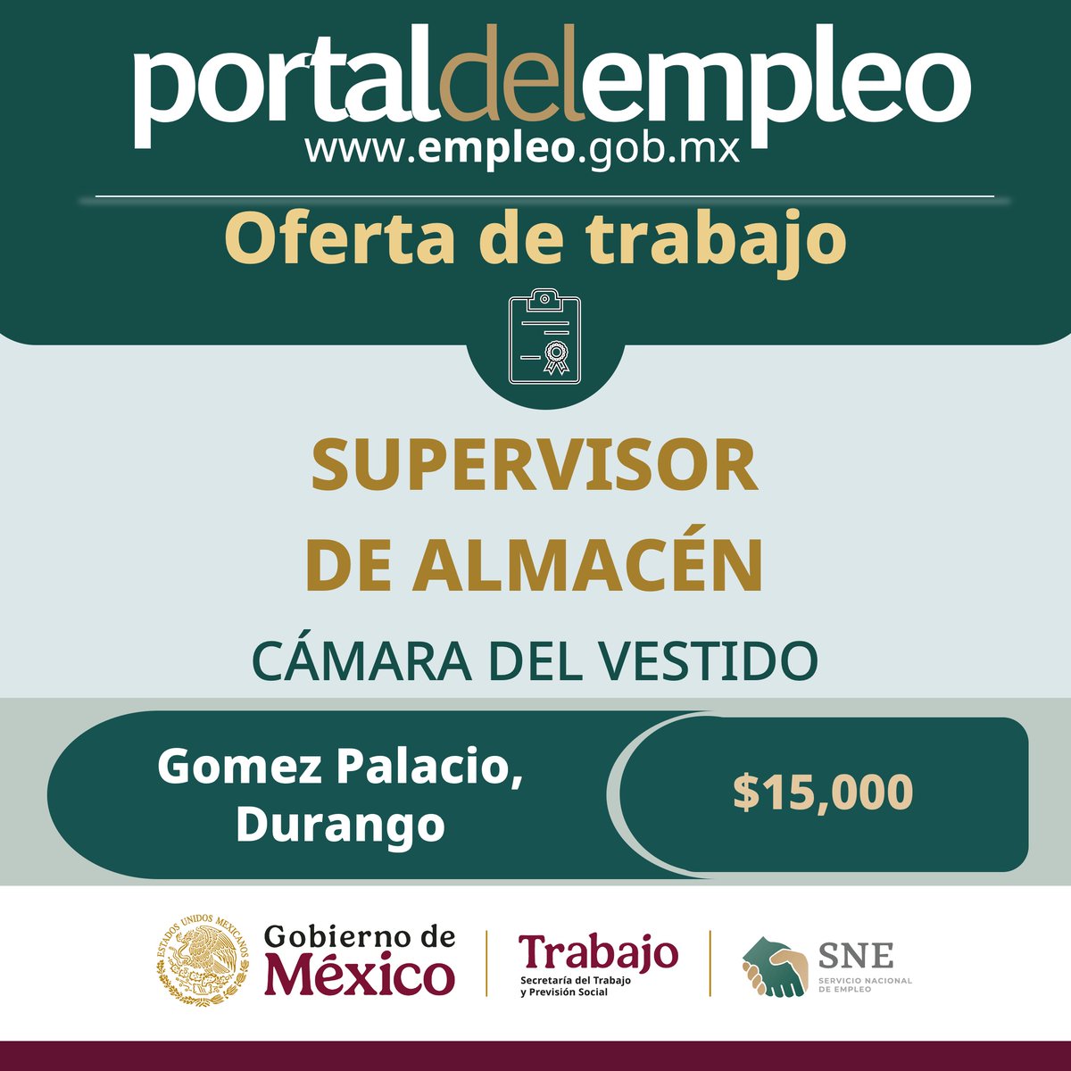 Servicio Nacional de Empleo (@empleogob_mx) on Twitter photo 📢 #BolsaDeTrabajo
👤 Supervisor de almacén en Cámara del Vestido.
📍Para trabajar en #Durango.
💰15,000.00.
Detalles y postulación en: 🔗 goo.su/kpYDgSf 📨 hvillasana5@canainve.org
#Trabajo #Empleo #SNE #PortalDelEmpleo #PrimaveraLaboral 📢 #BolsaDeTrabajo
👤 Supervisor de almacén en Cámara del Vestido.
📍Para trabajar en #Durango.
💰15,000.00.
Detalles y postulación en: 🔗 goo.su/kpYDgSf 📨 hvillasana5@canainve.org
#Trabajo #Empleo #SNE #PortalDelEmpleo #PrimaveraLaboral