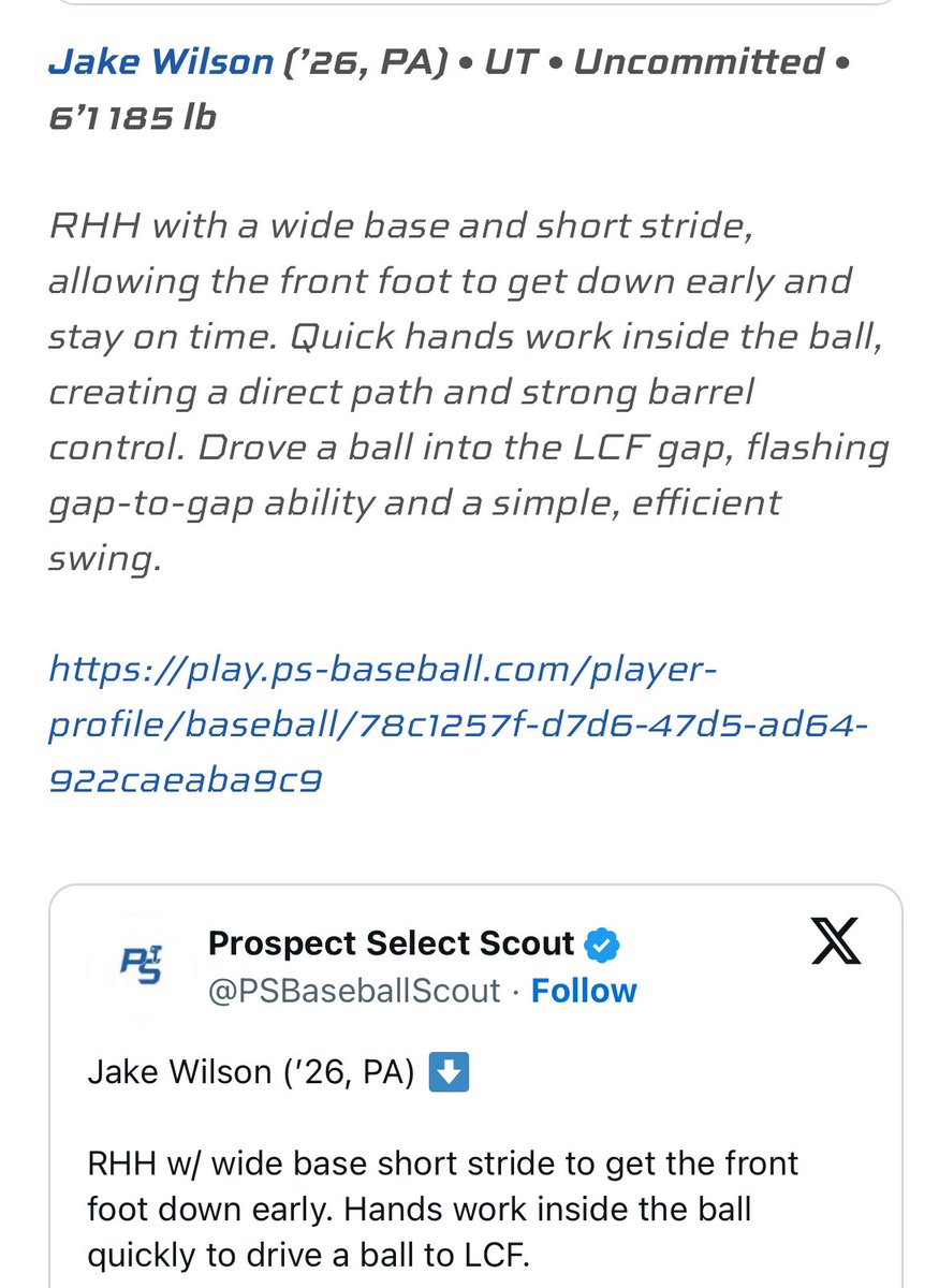Jake Wilson (@jakewilson2026) on Twitter photo Thank you <a href="/PSBaseballScout/">Prospect Select Scout</a> for highlighting me as a Boston Classic Top Performer. <a href="/FuturesProgram/">Futures Program</a> <a href="/MattWalczak/">Matt Walczak</a> <a href="/AllStarBaseball/">All-Star Sports Academy</a>
ps-baseball.com/boston-classic… Thank you <a href="/PSBaseballScout/">Prospect Select Scout</a> for highlighting me as a Boston Classic Top Performer. <a href="/FuturesProgram/">Futures Program</a> <a href="/MattWalczak/">Matt Walczak</a> <a href="/AllStarBaseball/">All-Star Sports Academy</a>
ps-baseball.com/boston-classic…