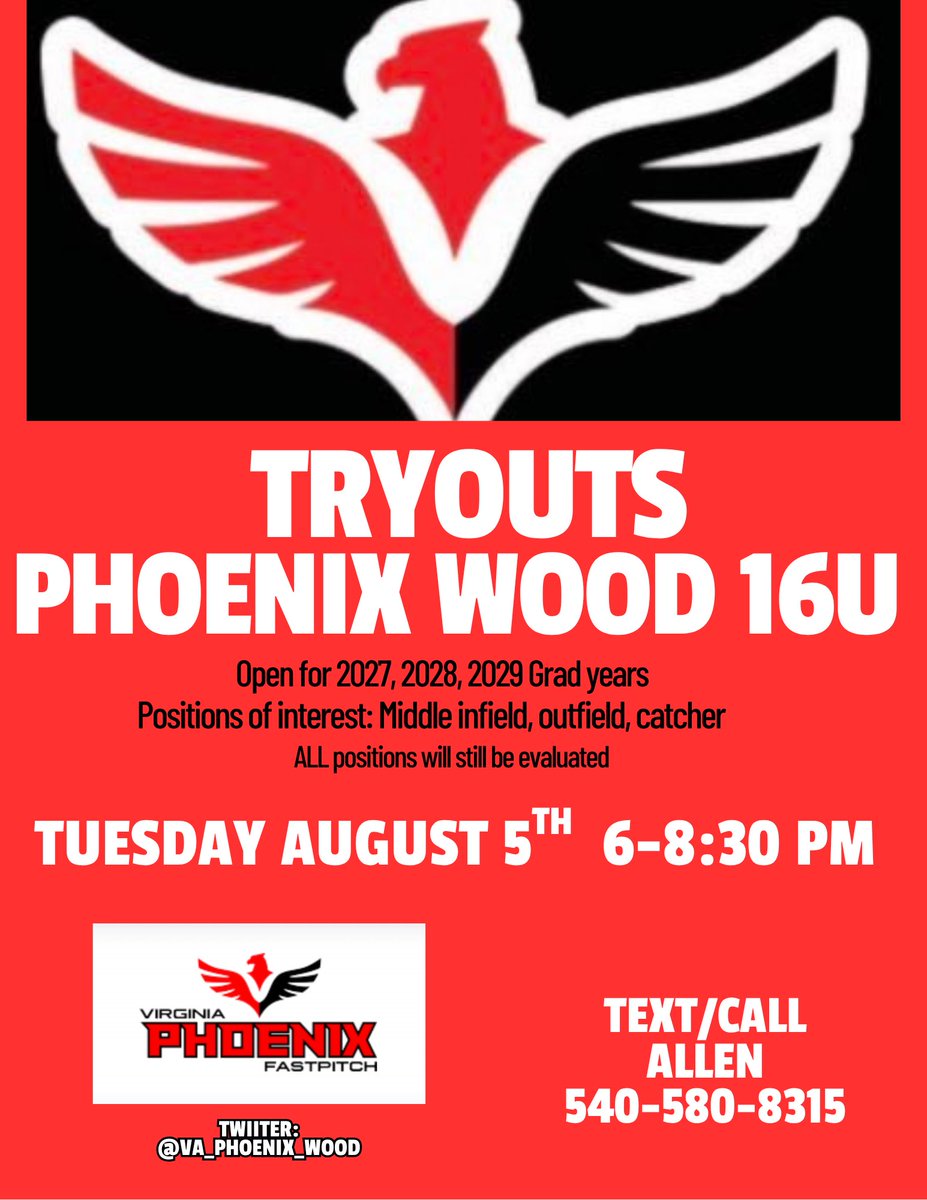 Tryout opportunity for one of the most highly recruited teams around! Over 95% of our Phoenix-Wood 18u athletes/Alumni are committed or playing at the next level!❤️🖤