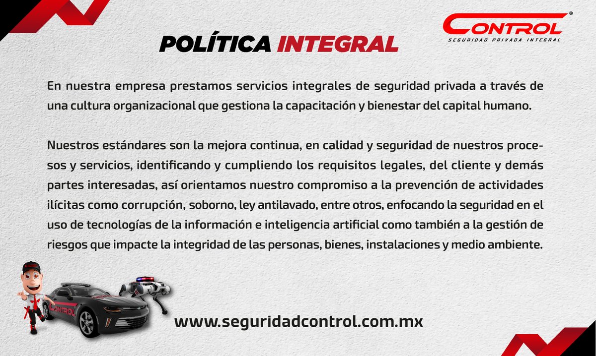 En Control tenemos políticas y procesos. Te invitamos a conocer nuestra política integral. 

Porque en Control estamos comprometidos por ofrecer servicios integrales de seguridad con calidad.
#PolíticaControl #25añosencontrol #SeguridadPrivada #ControlSeguridad #GuardiasControl