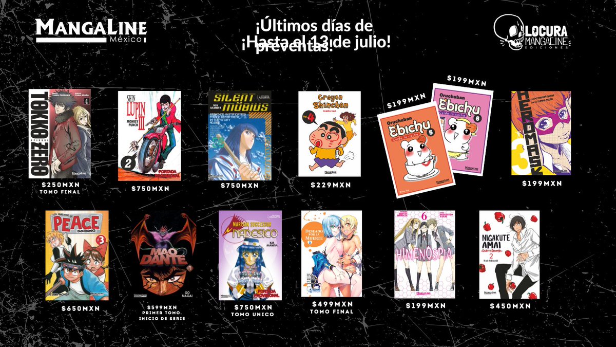 MangaLineMX's tweet image. ¡Últimos días!
📢 Las #Preventas cierran el 13 de julio de 2025.
También podrás encontrar #Reservas y #manga con #Shikishi.
🟢 bit.ly/PreventasManga…
🟢 bit.ly/ReservasMangaL…
🟢 bit.ly/ShikishiMangaL…
#MangaLineMX
#MangaLineEdiciones