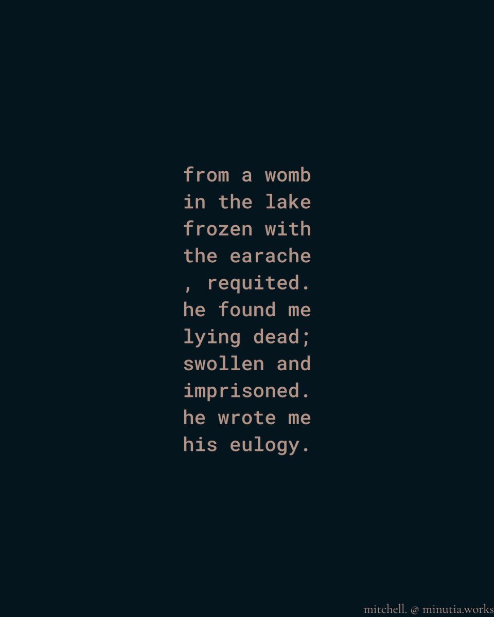 MitchellNy's tweet photo. coffin | visual poem

11 characters on 11 lines, monospaced typeface,  hex: b49588 on 05151e

published on my own: https://t.co/VQ72bHrb5r

#poetry #visualpoetry #monospace #typography https://t.co/8LIZIGbTb3