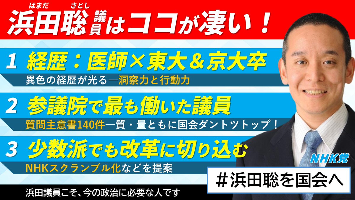harmony_withU's tweet image. これまでずっと家族で自民党に投票してきたけど、今年からはNHK党の浜田さんを全力で応援します!!!

#浜田聡  #浜田聡を国会に 
#NHK党  #参議院選挙比例代表