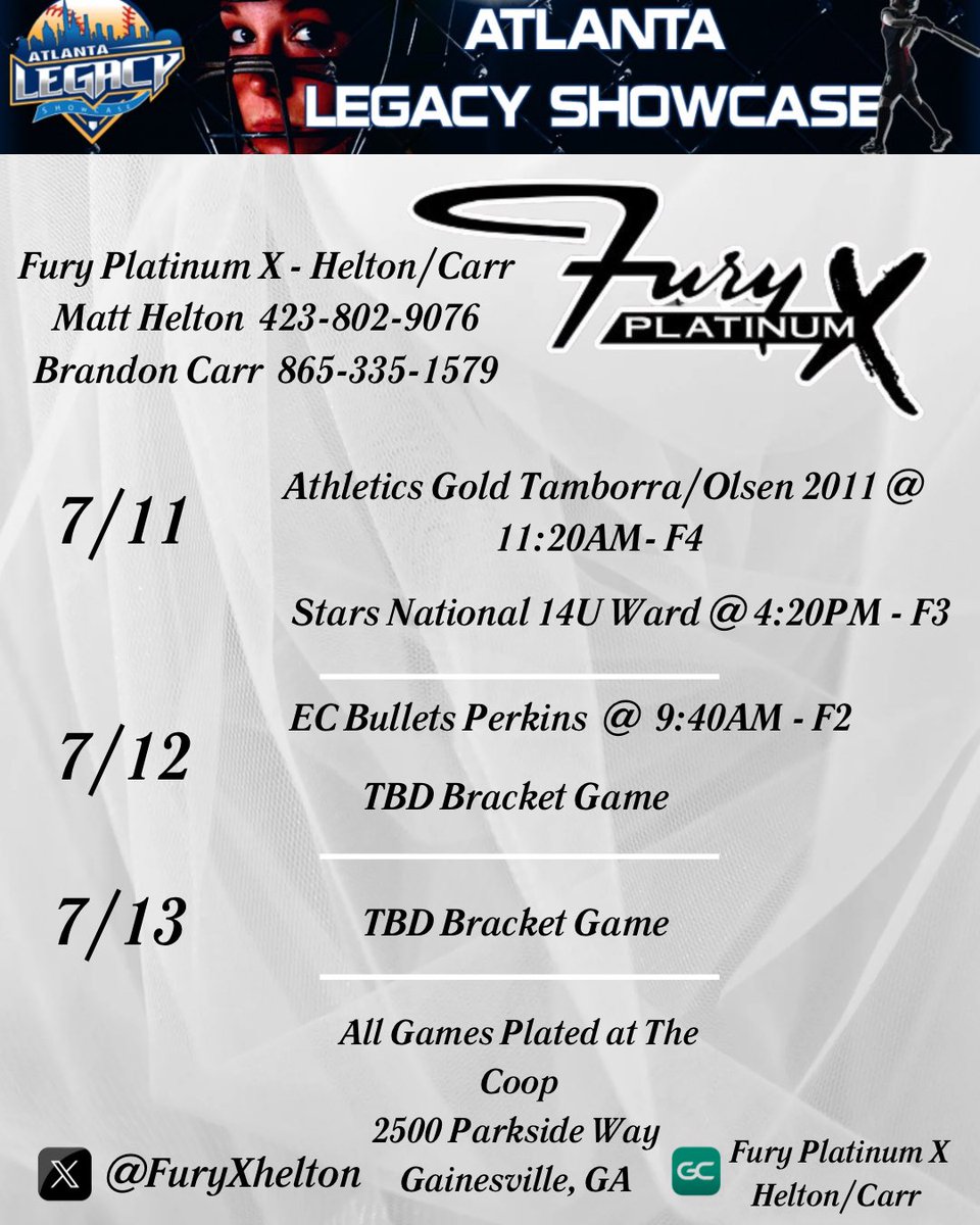 Excited to hit the field this weekend at Atlanta Legacy with my <a href="/FuryXhelton/">Fury Platinum X- Higdon/ Helton</a> team!!! Come check us out! 

<a href="/FuryPlatinum/">FuryPlatinumSoftballClub</a> <a href="/Jeremy_P_Higdon/">Jeremy Higdon</a>