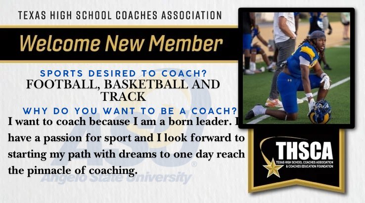Want to welcome our newest member to <a href="/THSCAcoaches/">THSCA</a>!! <a href="/hamidiallo14/">🌟Hamidou Diallo🌟</a> played college football at Angelo State and now ready to pour into kids! Coaches if you’re needing to add to your staff here’s one for you! Welcome coach, hope so see you in San Antonio soon! #THSCABrandAmbassador