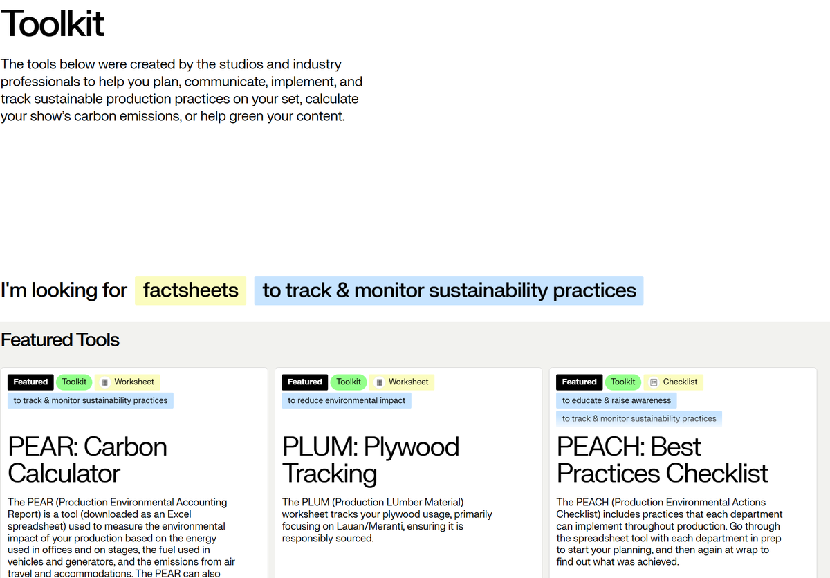 The SEA's green production toolkit offers myriad resources including the PEAR, PEACH and PLUM so productions can track environmentally-impactful practices such as recycling, donating used materials, and using efficient lighting: …rtainmentalliance.us1.list-manage.com/track/click?u=…