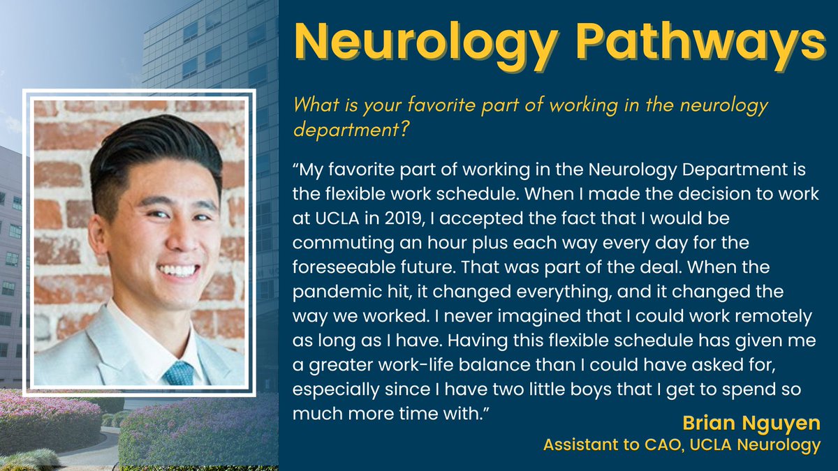 UCLA Neurology (@uclaneurology) on Twitter photo <a href="/UCLANeurology/">UCLA Neurology</a> excels at prioritizing the needs of our team while serving the community.
Brian emphasizes the value of balance in his role, which helps him focus on his family while excelling in his career. <a href="/UCLANeurology/">UCLA Neurology</a> excels at prioritizing the needs of our team while serving the community.
Brian emphasizes the value of balance in his role, which helps him focus on his family while excelling in his career.