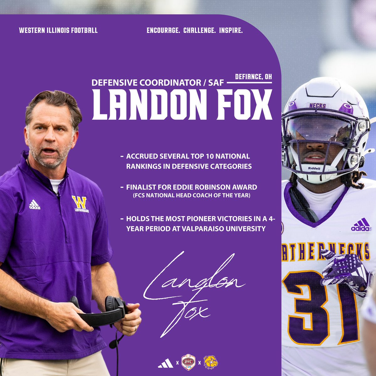 WIUFootball's tweet image. 🟣🟡Meet the Staff🟣🟡

Controlled aggression, toughness, and teamwork. Meet our Defensive Coordinator!

Let’s welcome Coach Landon Fox as he enters his 1st season with Western Illinois Football!

#GoNecks | #OneGoal | #ECI