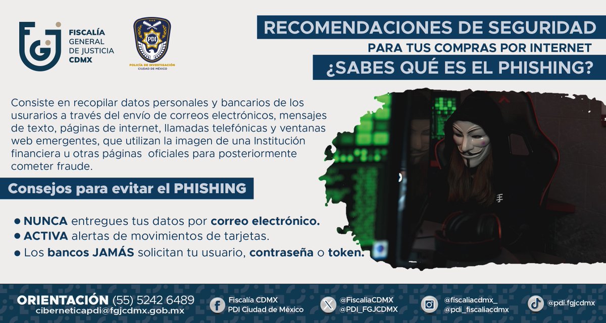 El #Phishing recopila datos personales y bancarios mediante   mensajería electrónica, sitios web o llamadas telefónicas utilizando la   imagen de una institución financiera o página oficial. Identifica y no   olvides realizar tú #Denuncia