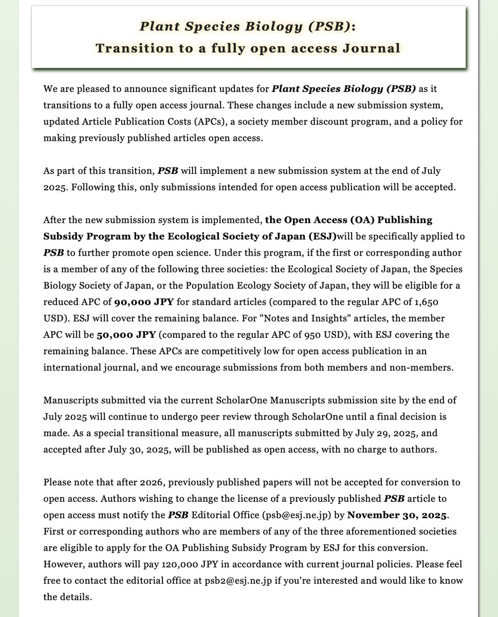 Plant Species Biology is transitioning to a fully Open Access journal!

Explore all the significant updates: new submission system, updated #OpenAccess APC, and society member discounts.

Ready to share your research? 
Submit your work to PSB!
esj-journals.onlinelibrary.wiley.com/journal/144219…