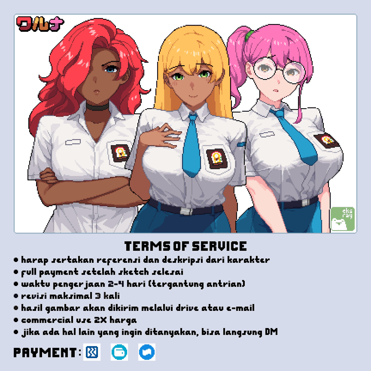 Halo semua, aku lagi open komis pixel art seperti di bawah, khusus lokal 🇮🇩 aja ya..
Kalau kalian tertarik bisa langsung dm 😁
#commissionopen #opencomissions #pixelart