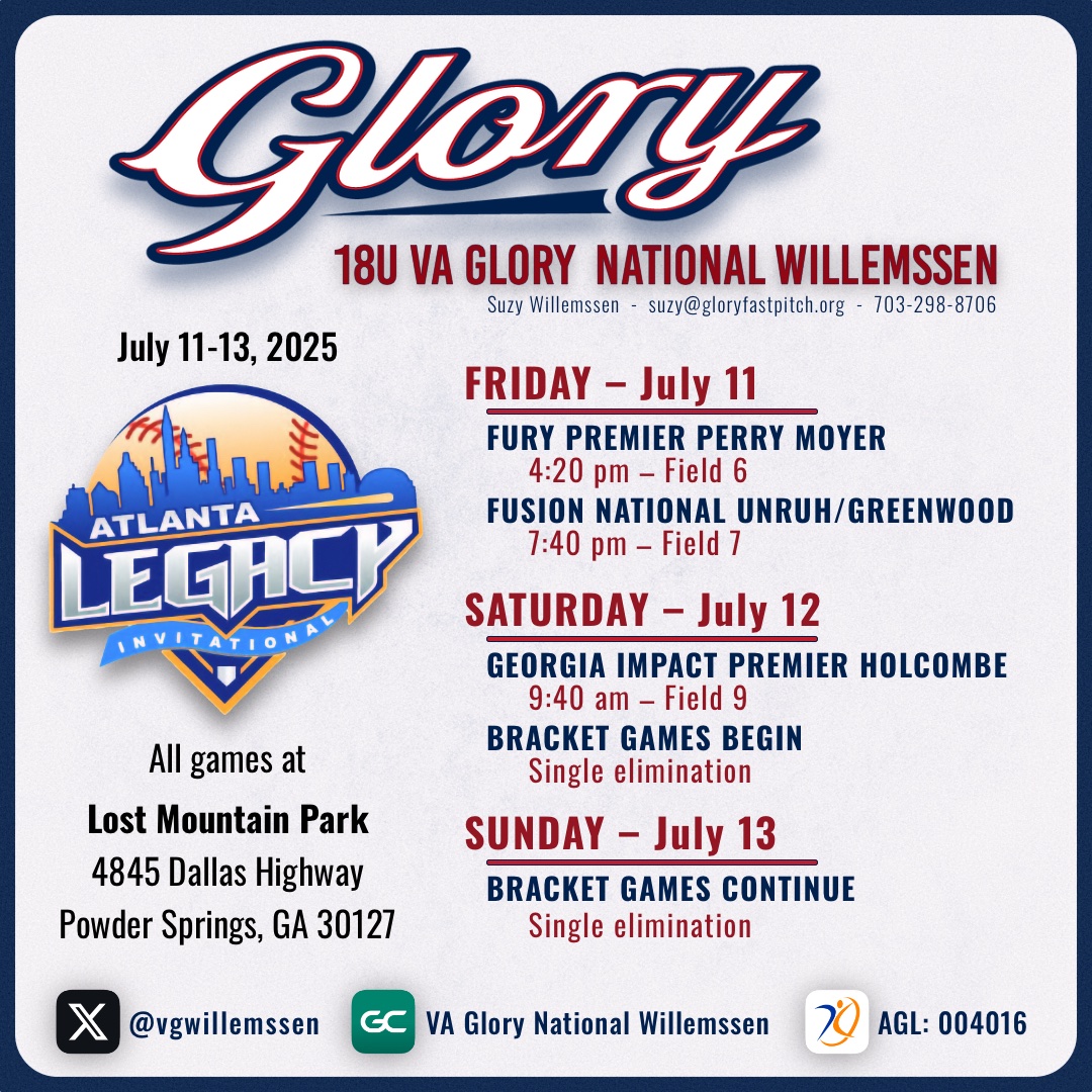 NorahJacques12's tweet image. Atlanta Legacy let’s go!! Super excited to get back on the field with my Gs in Atlanta this week! Here is our schedule!

@SuzyWillemssen @kevinbednoski @VAGloryFP @VGWillemssen @SoftbalAmerica @BradyVernon @linedsoftball @Los_Stuff @ExtraInningSB @LegacyLegendsS1 @gregkennedy9…