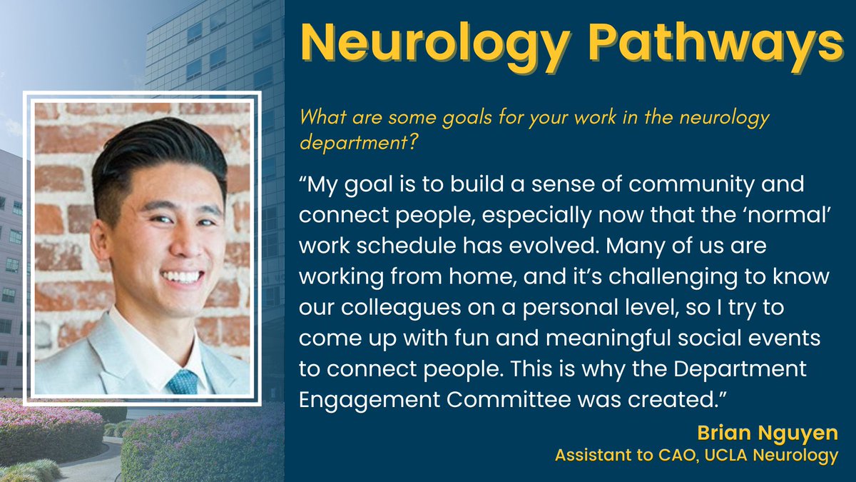 UCLA Neurology (@uclaneurology) on Twitter photo Community and connection are more important than ever, especially in a hybrid-work world.
Through the Department Engagement Committee, Brian helps foster meaningful relationships and a sense of belonging across <a href="/UCLANeurology/">UCLA Neurology</a>. Community and connection are more important than ever, especially in a hybrid-work world.
Through the Department Engagement Committee, Brian helps foster meaningful relationships and a sense of belonging across <a href="/UCLANeurology/">UCLA Neurology</a>.