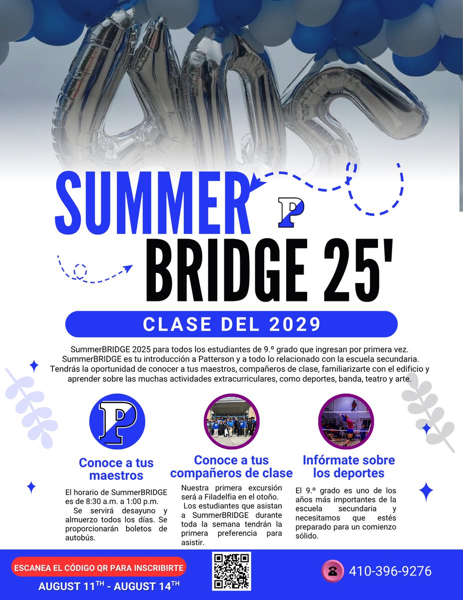 🚨 ATTENTION CLASS OF 2029

Get registered now for SummerBRIDGE 2025 happening August 11th – August 14th at 

🏫 Patterson High School!
📅 Dates: August 11–14

🔗 Register here: forms.gle/JzP5TQTKf4mMxp…

Don’t miss your chance to get a head start on high school!