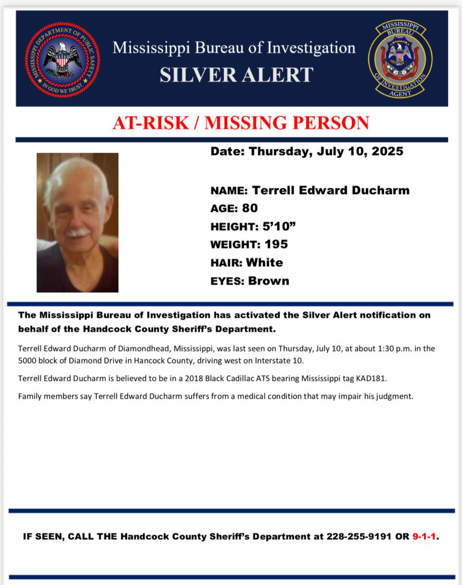 MDPSMBI's tweet image. Silver Alert - Terrell Edward Ducharm