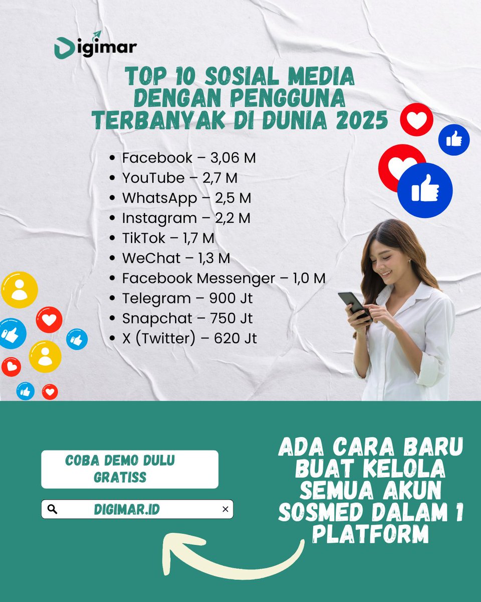 DigimarID's tweet image. Siapa bilang Facebook sepi? 😏
Faktanya masih juara 1 pengguna terbanyak!
Ini jadi petunjuk buat kamu pilih platform paling cuan buat branding.
Punya banyak akun sosmed?
Pakai Digimar.id biar jadwalin konten jadi simpel!
#digimar  #DigitalMarketing2025