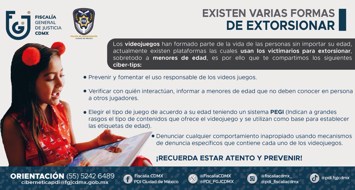 Este tipo de extorsión se lleva a cabo mediante   los videojuegos más populares entre los jóvenes y principalmente con menores   de edad. Por ello, en la #PDI te hacemos las siguientes recomendaciones para   prevenir este tipo de delito. 
#CibernéticaPDI #PolicíaCibernéticaPDI
