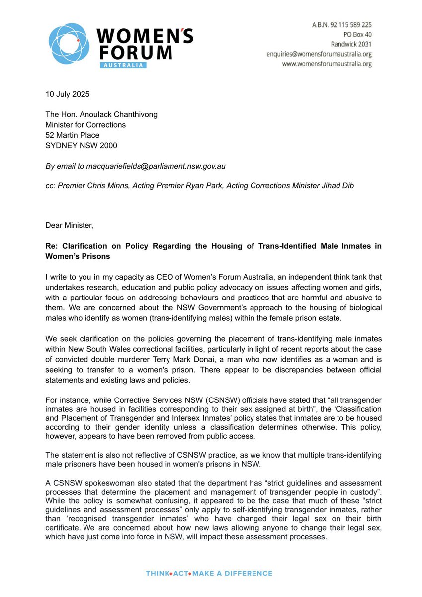RachaelWongAus's tweet image. I wrote to Corrections Minister @AnoulackMP seeking clarification on NSW's transgender prison policy.
The public deserves transparency and accountability on what the state's policies and laws actually say about the dangerous and unjust practice of housing men in women's prisons.…