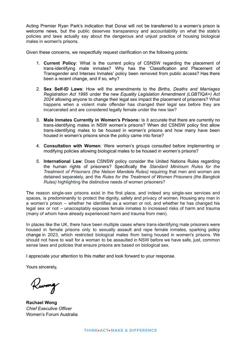 RachaelWongAus's tweet image. I wrote to Corrections Minister @AnoulackMP seeking clarification on NSW's transgender prison policy.
The public deserves transparency and accountability on what the state's policies and laws actually say about the dangerous and unjust practice of housing men in women's prisons.…