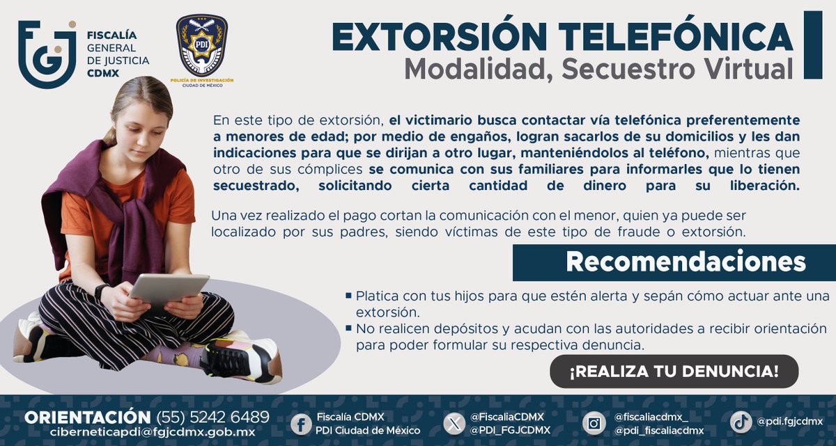 Con la finalidad de prevenir el delito de #extorsión telefónica, la #PDI comparte la siguiente información para ayudarte a identificar este tipo de engaños.
¡Si eres víctima, #Denuncia !
