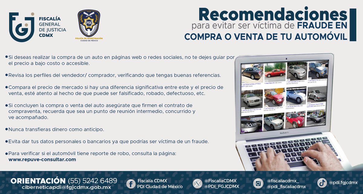 Si vas a realizar la compra o venta de un auto te presentamos algunas recomendaciones de seguridad que debes tomar en cuenta para evitar ser víctima de fraude.
#CibernéticaPDI #PolicíaCibernéticaPDI