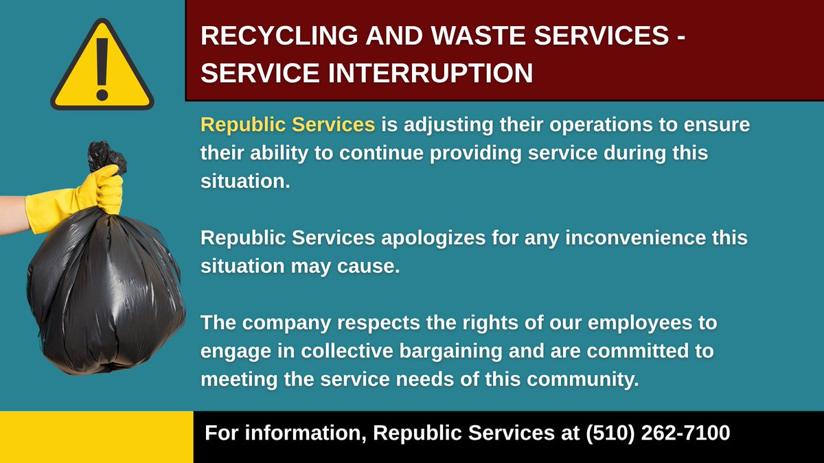 Recycling And Waste Services - Service Interruption due to contract negotiations. Some Republic Services employees are engaged in a temporary work stoppage. Temporary service delays for some recycling and waste collection customers in the area.

#RepublicServices #RichmondCA