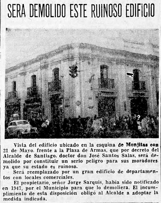 seba_flores's tweet photo. En 1948 el antiguo edificio de la esquina de Monjitas con 21 de Mayo fue demolido para dar paso a la construcción que sufrió un incendio hoy. https://t.co/FW47Ck8rkn