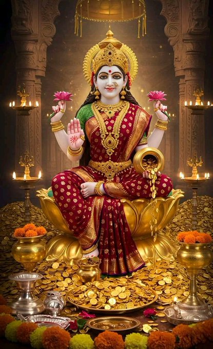 The image depicts a beautifully adorned statue of Goddess Lakshmi, a Hindu deity associated with wealth, fortune, and prosperity. She is seated on a golden lotus, surrounded by an array of gold coins and marigold flowers, symbolizing abundance. Goddess Lakshmi is dressed in a rich red and gold saree, with traditional jewelry and a serene expression. The background features ornate pillars and lit oil lamps, enhancing the divine ambiance. The post text includes a prayer and salutation to Goddess Lakshmi, wishing for her blessings upon the family, which adds context to the reverence and devotion depicted in the image.