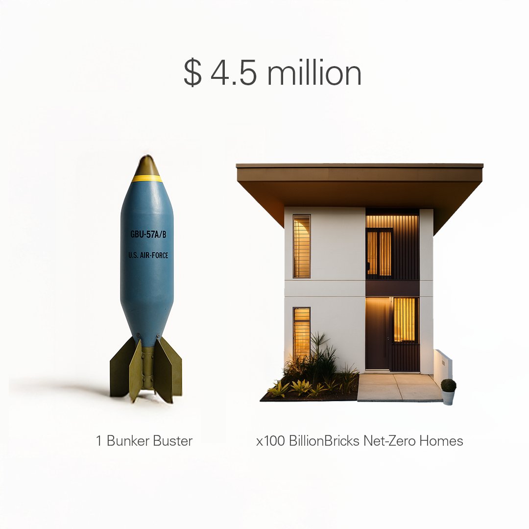 billionbricks's tweet photo. The U.S. dropped 14 bunker buster bombs on Iran. 
Cost: $63M.
That could’ve built 1,400 solar BillionBricks homes.
Net-zero. Resilient. Lifesaving.

A bomb or a home—what would you build?

#Housing #Sustainability #ClimateAction #Startup https://t.co/85M4lvvGXP