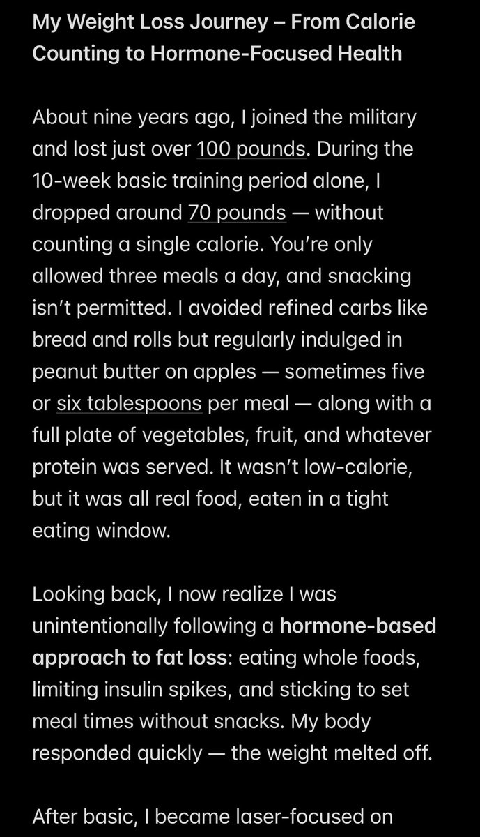 nalletto's tweet photo. I lost 100 lbs in the military without counting a single calorie — then spent years obsessing over macros and cardio just to maintain it. Recently, I finally figured out why the old approach stopped working. This is my story. 👇 #TheObesityCode #WeightLoss #Insulin https://t.co/BaDRsuxPCi