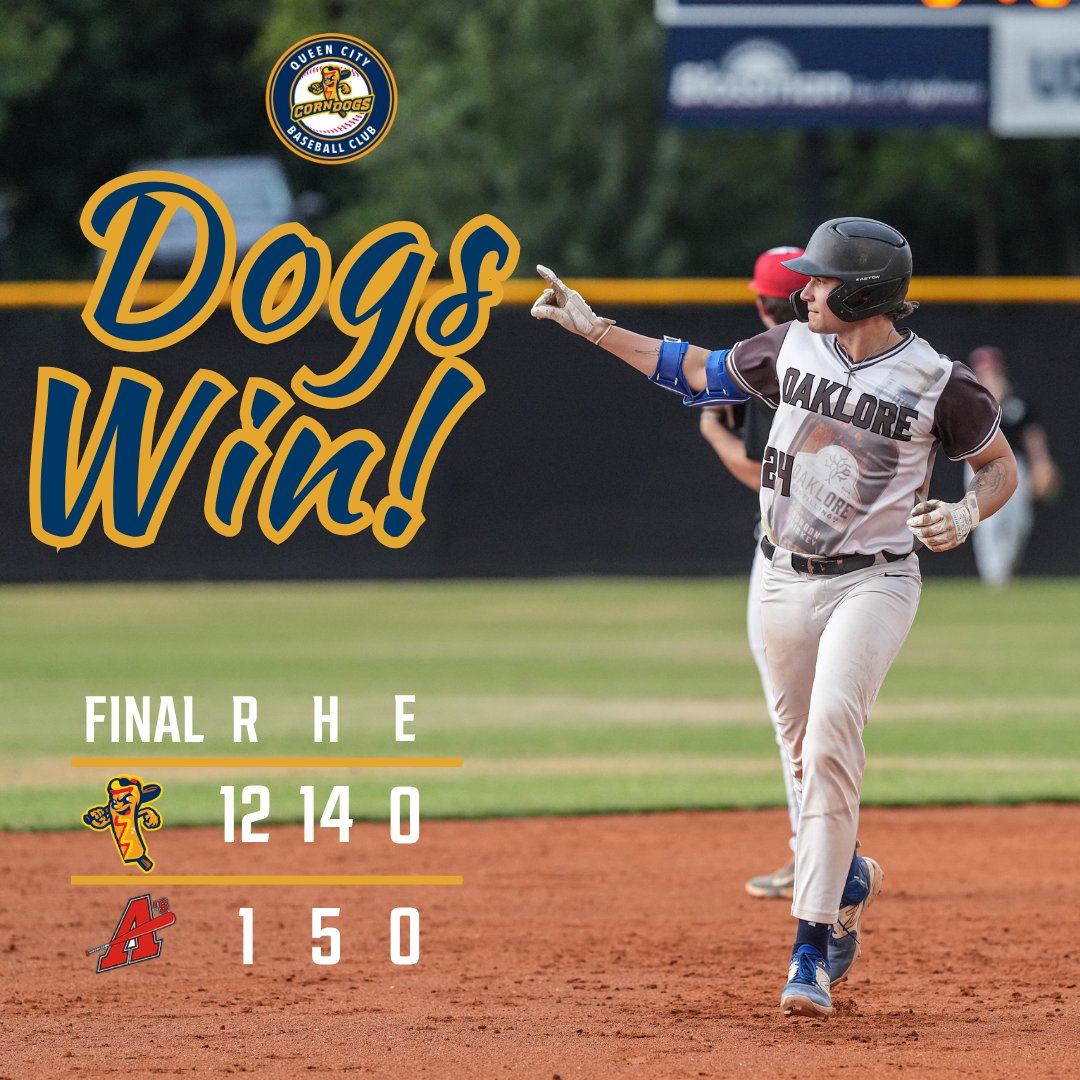 QCCorndogsBSB's tweet photo. The dogs called the game in the seventh, defeating the A's 12-1! Charlie Davis' two home runs, as well as @HarrisonBouthi1's three RBI home run, were key contributions! 

#CorndogsBSB || #RollDogs https://t.co/HfzXj5D9eG