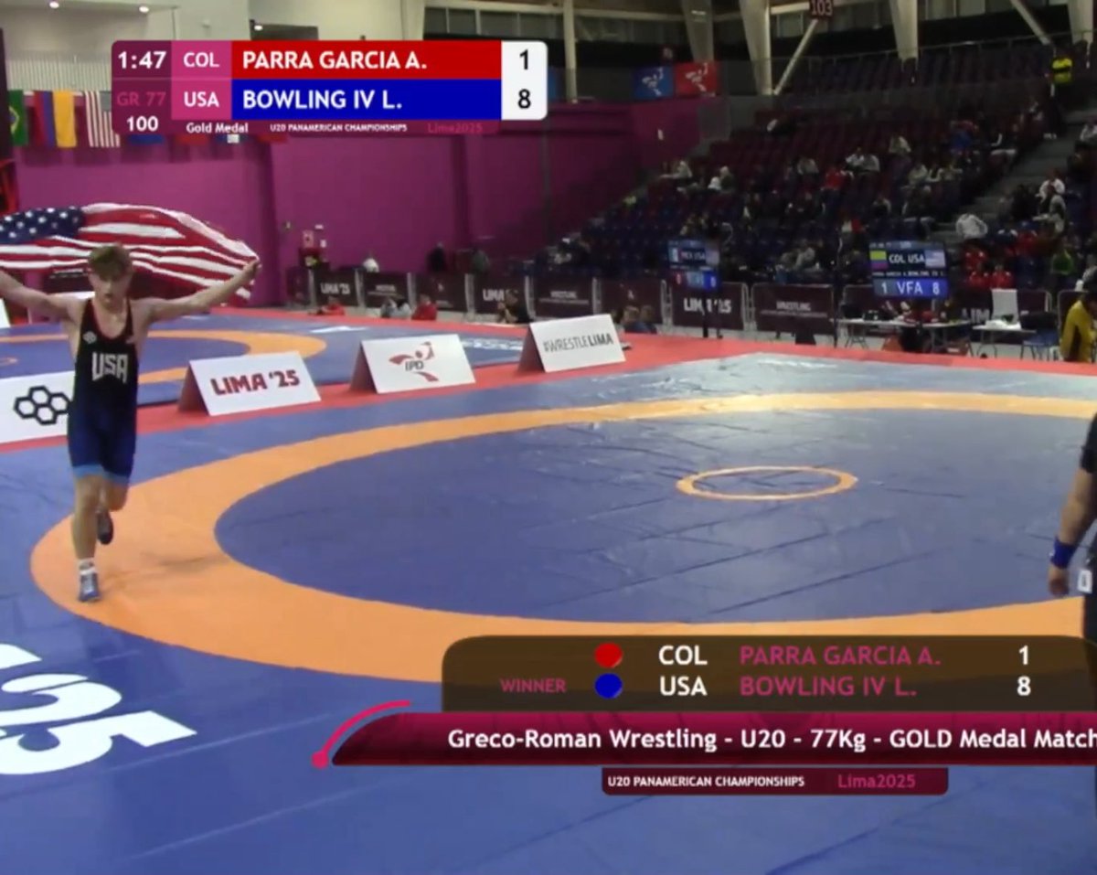 Incoming Iowa freshman Leister Bowling IV is your U20 Pan-Am (Greco) champ at 77kg - capping a bonus-only tournament run today in Peru with a 2nd period fall over Colombia’s Alonso Parra Garcia.

Bowling will look to continue his dominant summer at U20 Worlds next month.