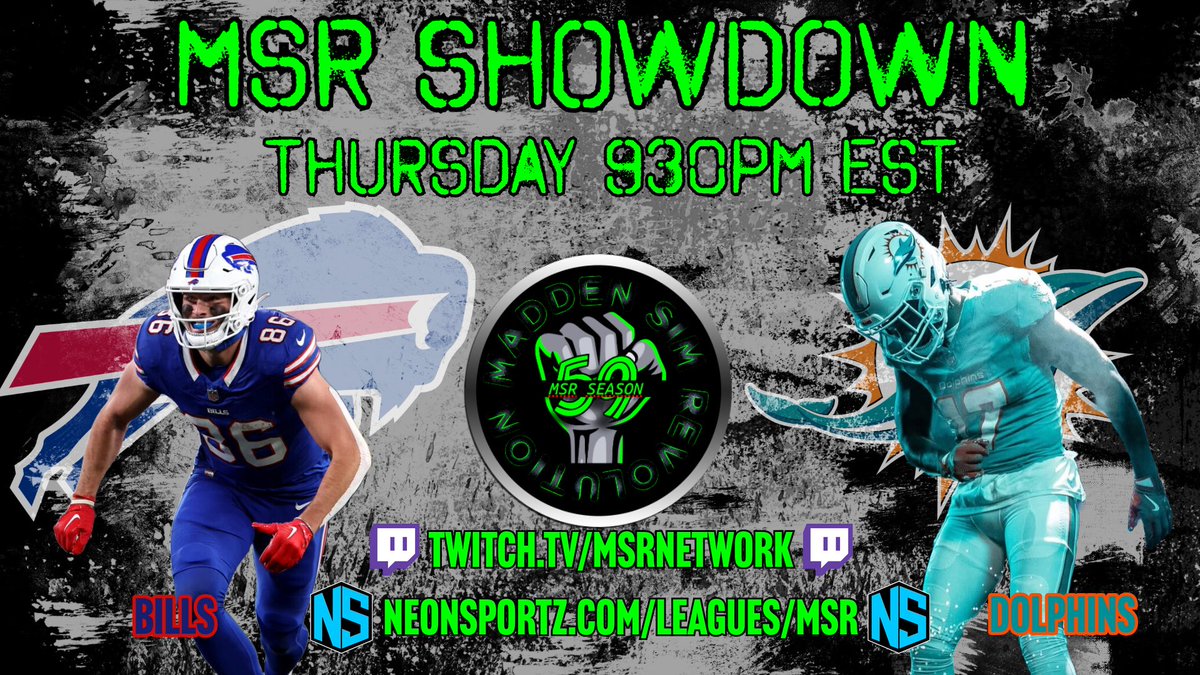 Powered by <a href="/NeonSportz/">NeonSportz</a>, the <a href="/MSRLeague/">The Revolution is NOW!</a> returns to Primetime action with MSR SHOWDOWN!!!

It's Ring Night for <a href="/MSR_Lil_Bear/">MSR Lil Bear</a> as his Dolphins open the new season vs. their hated rivals, <a href="/Msr_Bills/">MSR_Bills</a> under the lights

Twitch.tv/MSRNetwork. LIVE. NOW!!!

#MSR59 | #Madden | #Xbox