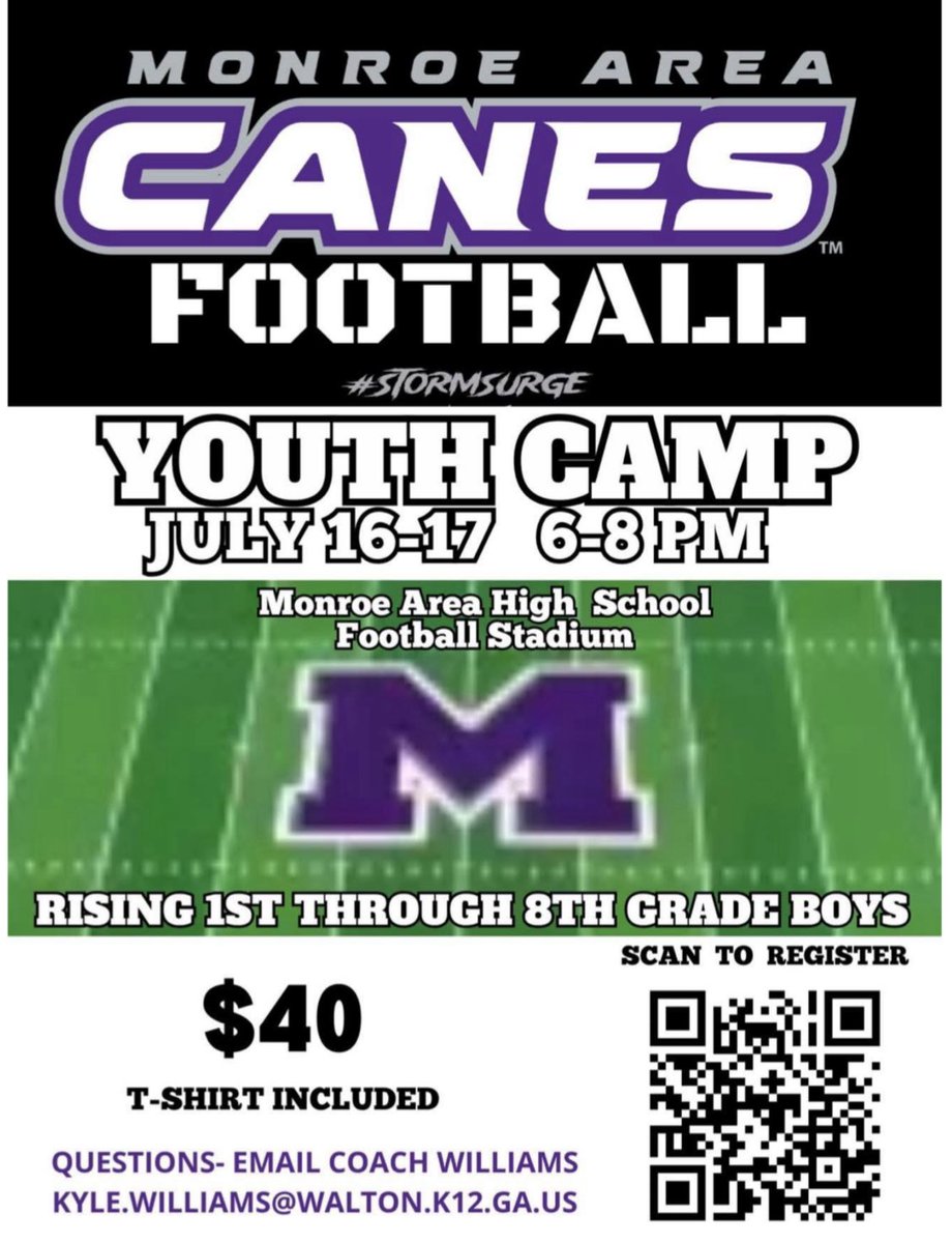 Coach Ryan Angel (@coachryanangel) on Twitter photo We’re less than a week away from the best youth camp around! Come be a part of the <a href="/MonroeCanesFB/">Monroe Area Football</a> Youth Football Camp July 16-17 from 6-8pm! #StormSurge🌪️ #CAT5🟪🌪️🏈 We’re less than a week away from the best youth camp around! Come be a part of the <a href="/MonroeCanesFB/">Monroe Area Football</a> Youth Football Camp July 16-17 from 6-8pm! #StormSurge🌪️ #CAT5🟪🌪️🏈